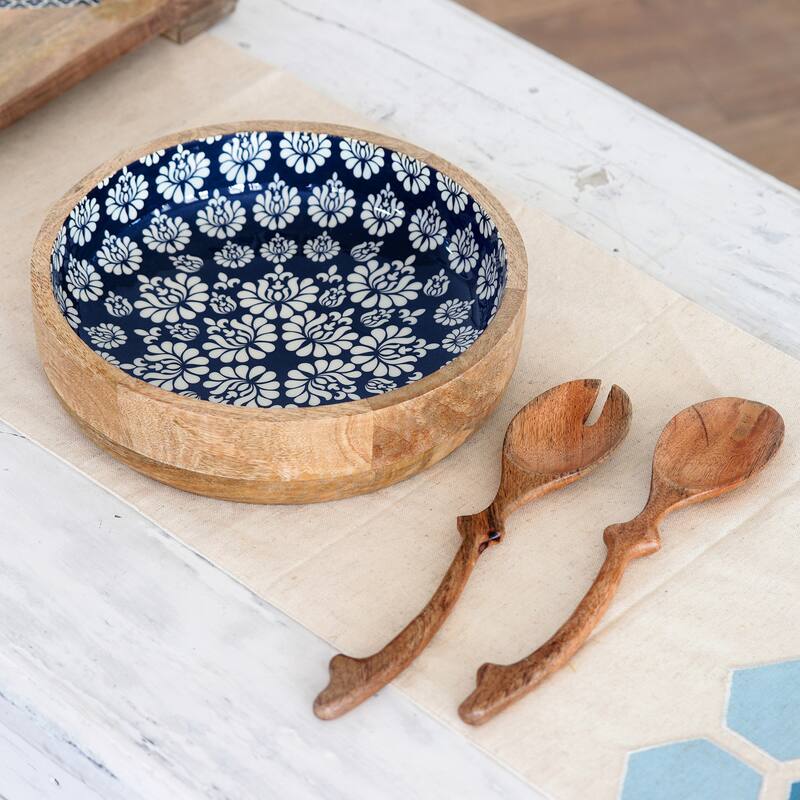 Novica Handmade Delhi Lotus Mango Wood Salad Bowl And Servers (3 Pieces)