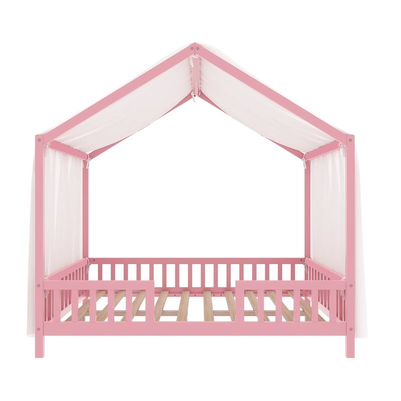 Roomfitters Montessori Floor Bed with Canopy, House Shape Wood Frame with Safety Rails, Youth Platform Bed