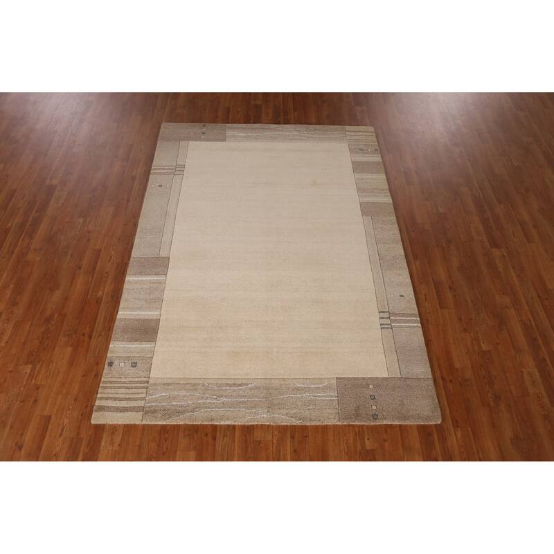 Solid Beige Modern Gabbeh Indian Area Rug Hand-Tufted Wool Carpet - 5'3" x 7'7"