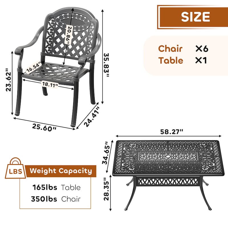 5/7-Piece Cast Aluminum Outdoor Dining Set with 58.27'' L X 34.65'' W Rectangular Table and Seat Cushions