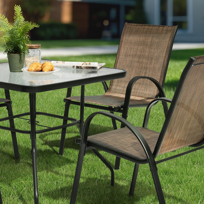5-Piece Outdoor Dining Set, Textilene Stackable Chairs and Umbrella Hole