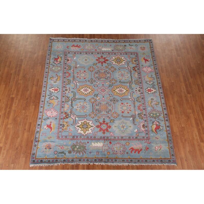 Transitional Blue Oushak Oriental Area Rug Handmade Floral Wool Carpet - 8'1"x 9'6"