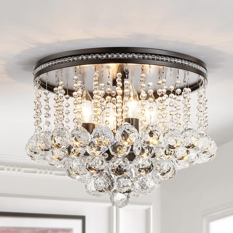 4-Light Industrial Vintage Matte Black Semi-Flush Mount Ceiling Light with Crystal Beads - 15 in. W x 11 in. H - 15 in. W x 11 in. H - Black