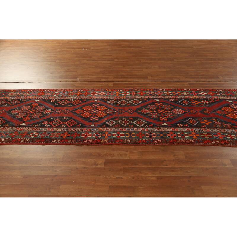 Hand Knotted Oriental 100% Wool Carpet Traditional Tribal Brown Kazak Runner Rug - 12' 6'' X 3' 4''
