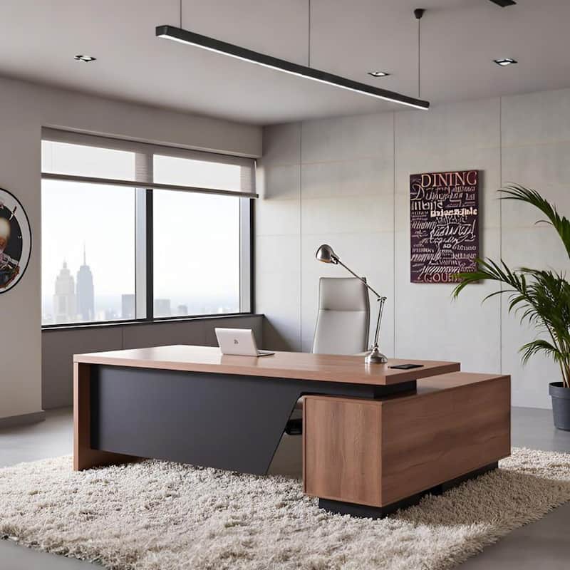 WESOME Retractable L-Shaped Executive Desk with Cable Management Drawers and Lateral File Cabinet