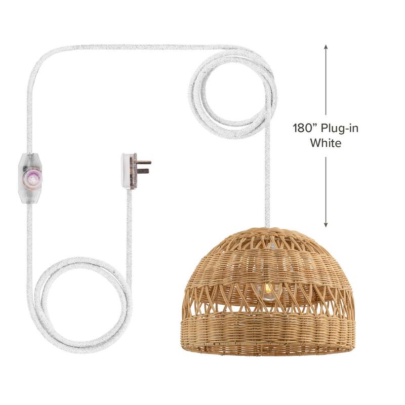Radiant Rattan Pendant Light - Natural Dome 1-Light Handwoven Light Fixture For Modern, Transitional, Farmhouse Room Decor - 18'' - 180" Plug-In White