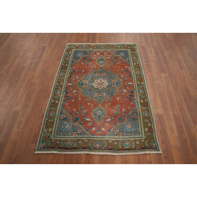 Hand Knotted Oriental 100% Wool Carpet Traditional Medallion Oranges & Rust Tabriz Area Rug - 4' 6'' X 3' 2''