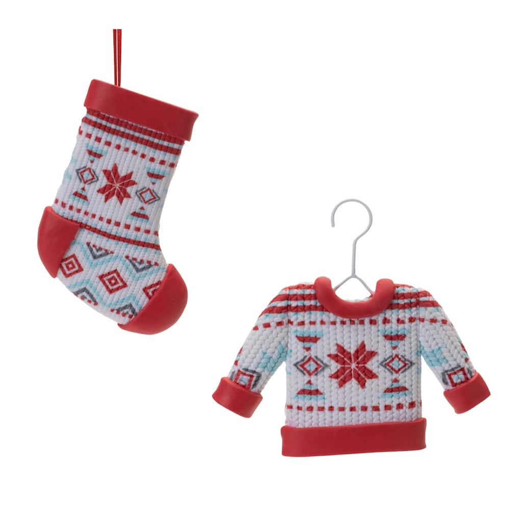 Nordic Stocking and Sweater Christmas Ornaments - 5.25" - Red and White - 12ct