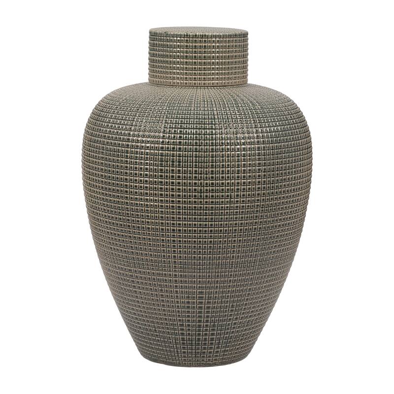 Sagebrook Home Dempsey Green Lidded Jar - Stoneware, Green, Checkered, Bud, Elegant Color, Perfect Accent Piece
