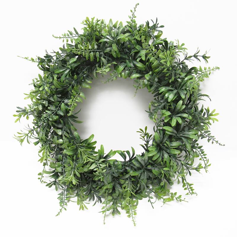 Frosted Green Artificial Flowering Fern Mix Leaf Foliage Greenery Wreath 14in