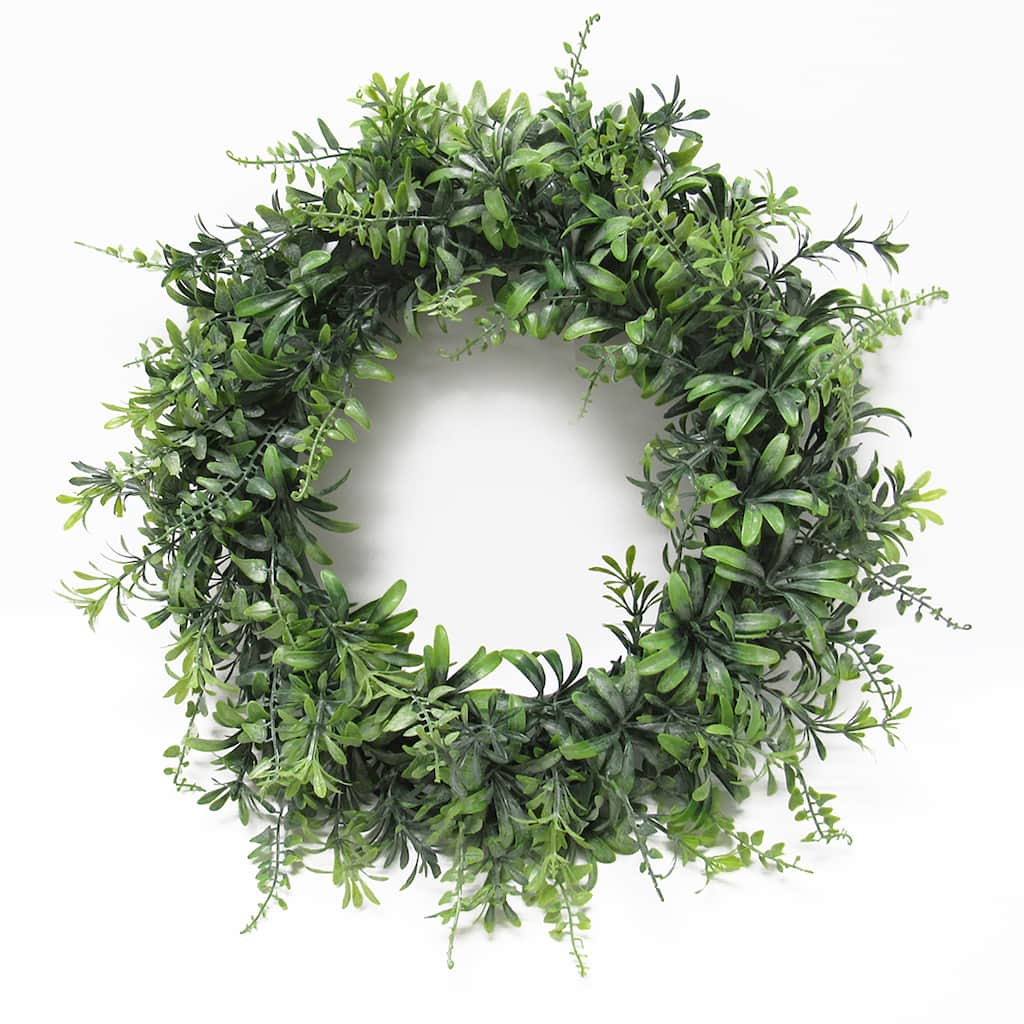 Frosted Green Artificial Flowering Fern Mix Leaf Foliage Greenery Wreath 14in