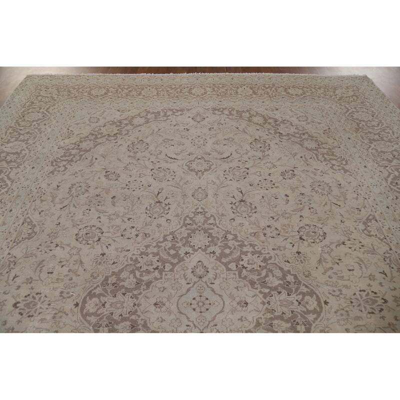 Hand Knotted Oriental 100% Wool Carpet Traditional Floral Beige & Ivories Kashan Area Rug - 12' 5'' X 9' 5''