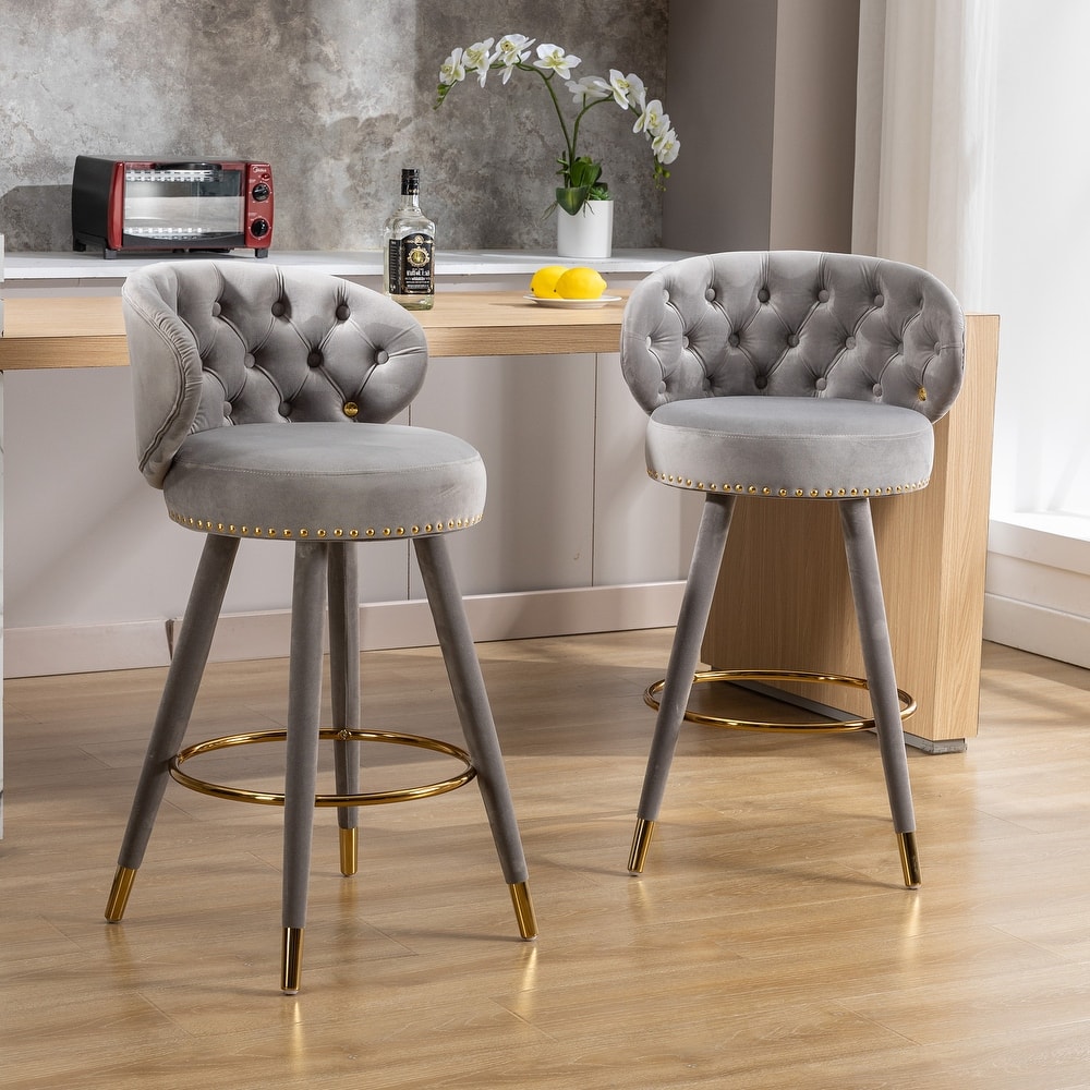 Velvet Upholstered 360 Degree Swivel Tufted Bar Stools with Golden Footrest(set of 2)