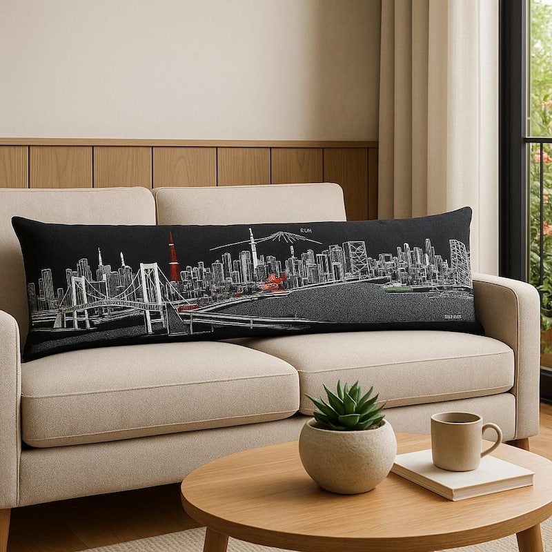 HomeRoots 14" X 46" Dark Gray And White Tokyo Nighttime Skyline Lumbar Decorative Pillow