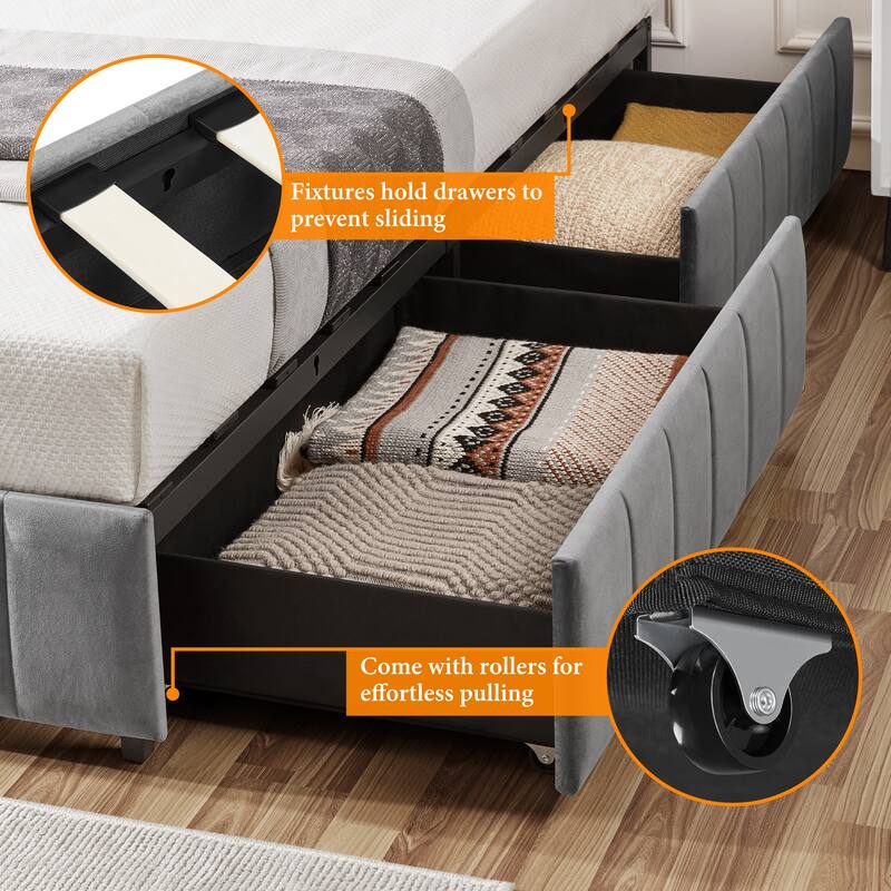 Yaheetech Storage Bed Frame with 3/4 Drawers Upholstered Bed Frame with Metal Slat Support