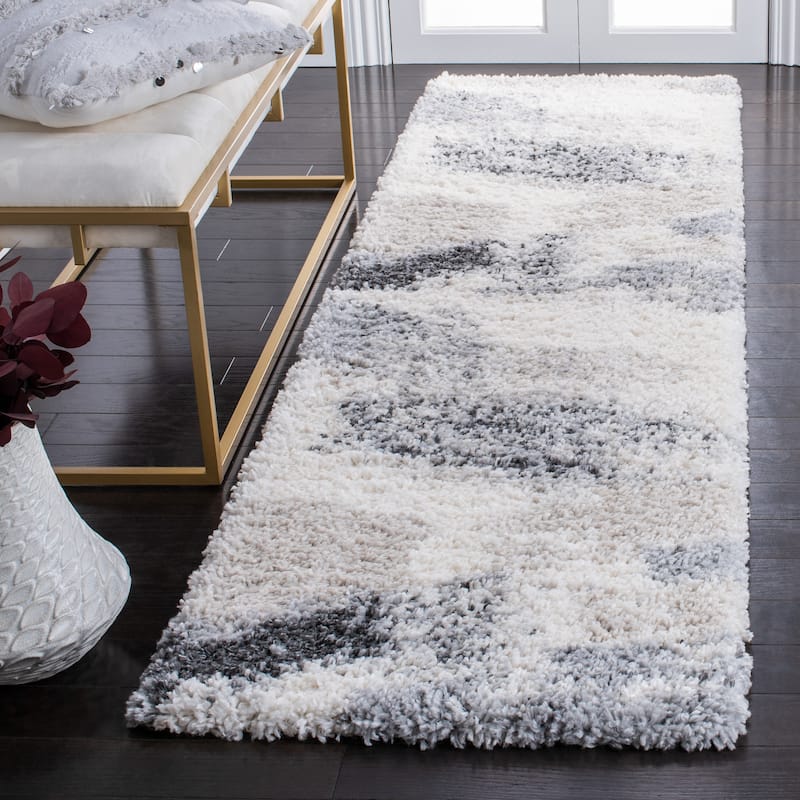SAFAVIEH Fontana Shag Edilia Modern Abstract 2-inch Thick Rug - 2'3" x 8' Runner - Ivory/Grey