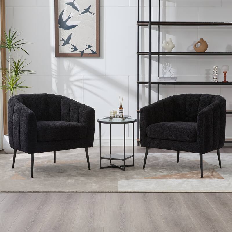 Chenille Upholstered Barrel Accent Chair, Channel Tufted Lounge Armchair, Round Reading Chair with Curved Backrest & Metal Legs - Black