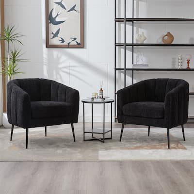 Chenille Upholstered Barrel Accent Chair, Channel Tufted Lounge Armchair, Round Reading Chair with Curved Backrest & Metal Legs
