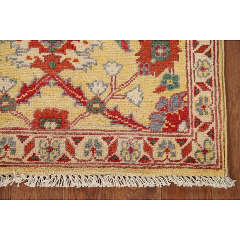 Yellow Kazak Oriental Foyer Rug Hand-Knotted Floral Wool Carpet - 2'0" x 3'0"
