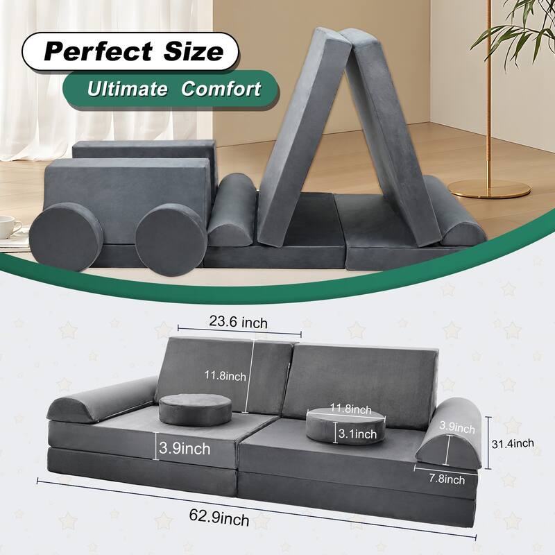 DoCred 10-Piece Kids Couch Sofa, Modular Toddler for Playroom Bedroom - 63"×31.5"×19.7"