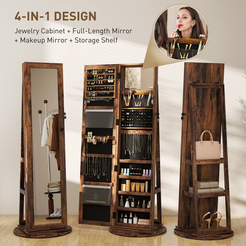 Full-Length Mirror Jewelry Cabinet Rotating Base With Storage - 21.7" W x 21.7" D x 63.4" H