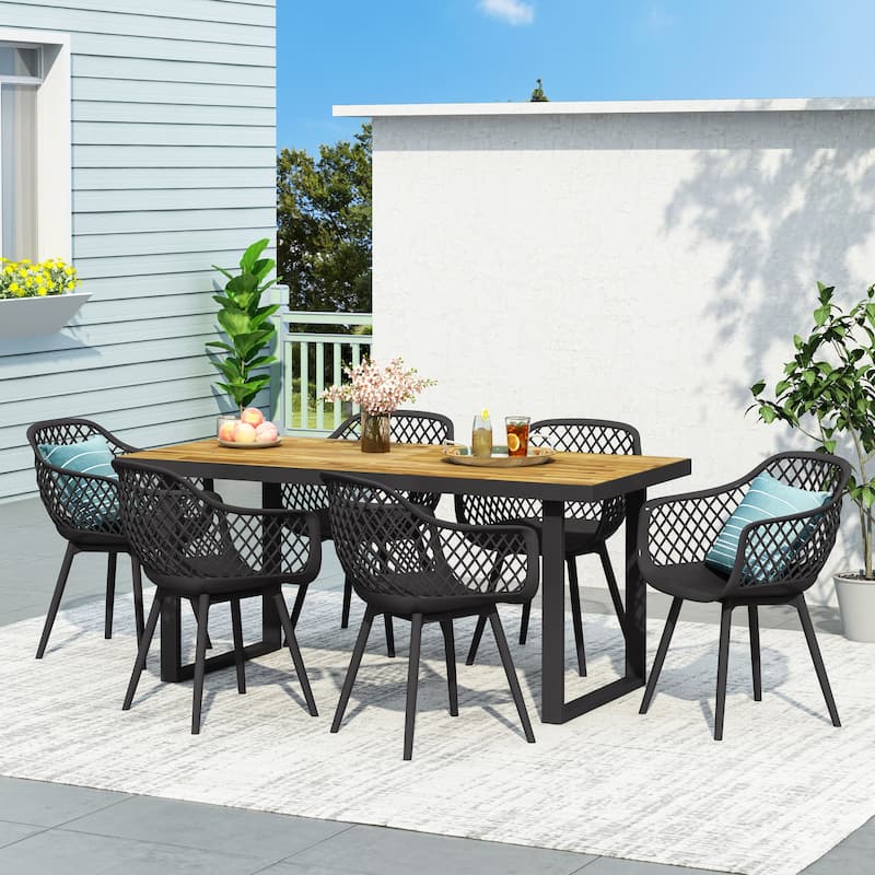 Renata Outdoor Wood and Resin Outdoor 7 Piece Dining Set by Christopher Knight Home - Black+Sandblasted Teak