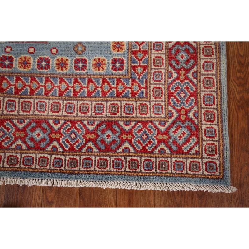 Light Blue Geometric Kazak Oriental Rug Bedroom Handmade Wool Carpet - 3'11" x 5'10"