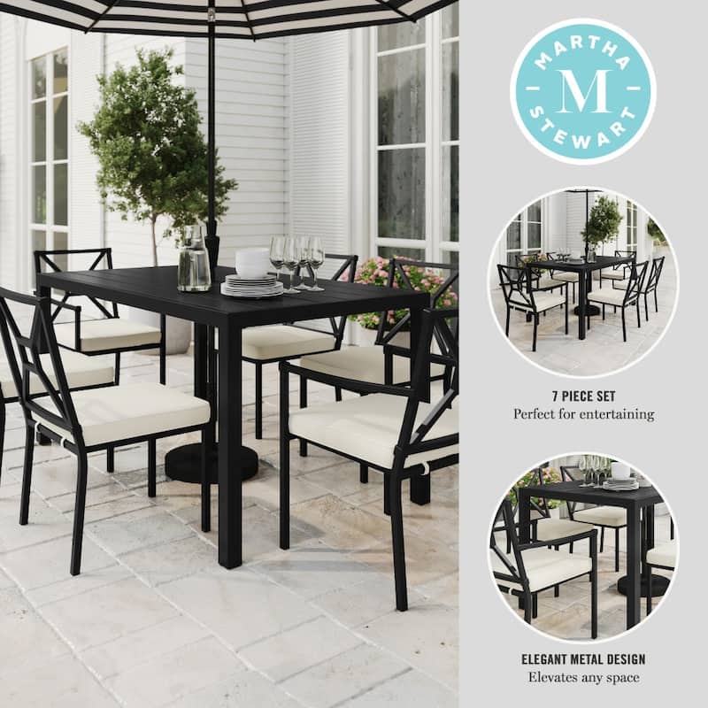 Martha Stewart 7-Piece Steel Patio Dining Set with 6 Stackable Chairs and 60" Table - 23"W x 26.25"D x 35.25"H