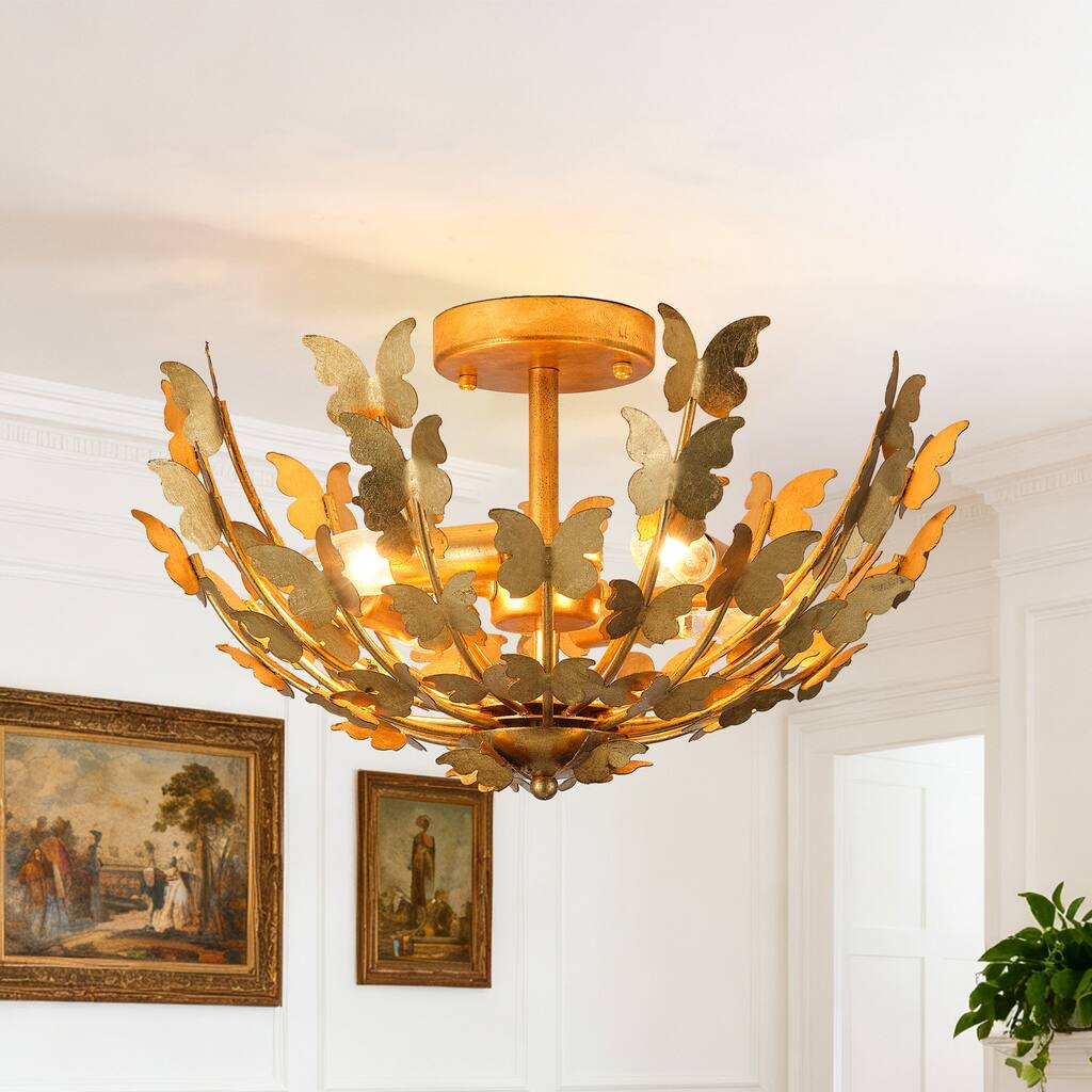 Antique Gold Butterfly Bowl 4-Light Semi Flush Mount Ceiling Light - 17.7"W x 10.4"H