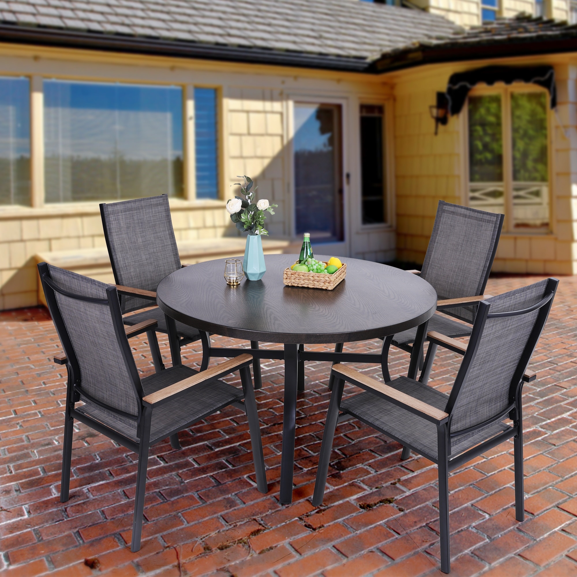 5-Piece Outdoor Patio Dining Set, 1 Metal Round Table with a 1.6" Umbrella Hole & 4 Textilene Chairs
