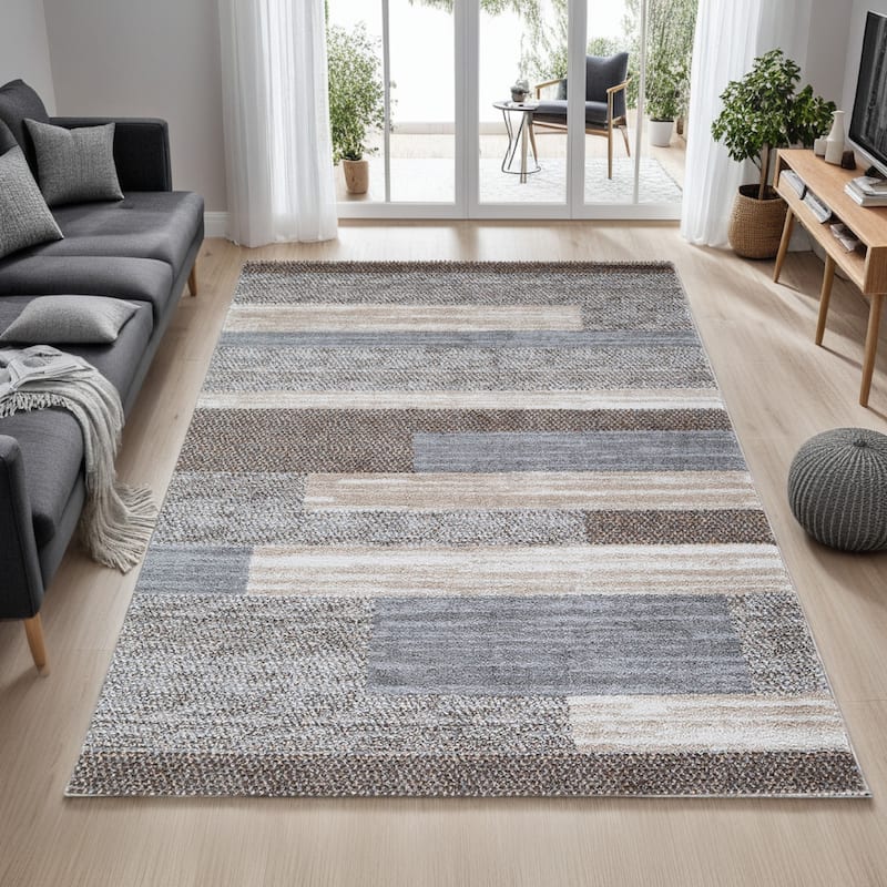 Beny 8 x 10 Large Area Rug, Machine Woven Abstract Stripe Pattern, Gray - 8 x 10
