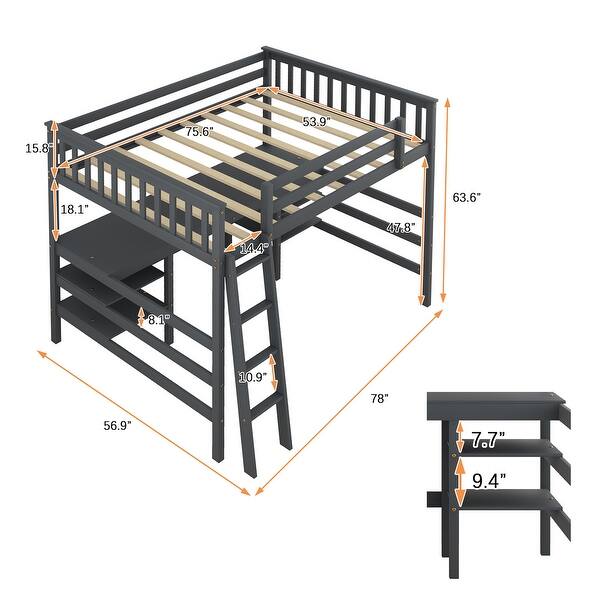 Full Size Wooden Loft Bed with Desk and Shelves and High Guardrail,Solid Pine Wood Frame