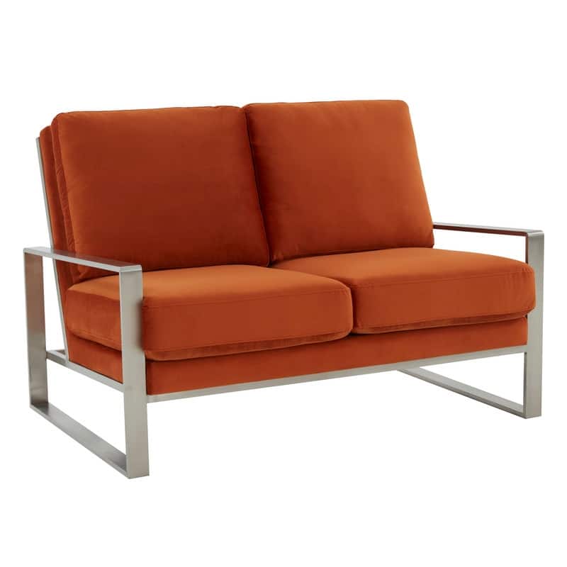 Jefferson Modern Velvet Two-Seater Sofa Accent Loveseat with Brushed Silver Stainless Steel Base for Living Room Office Lounge - Orange
