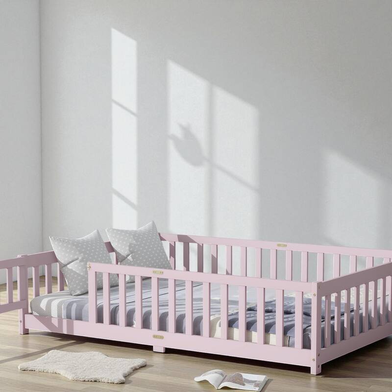 Full Size Rubber Wood Floor Bed with Fence and Door, Montessori Platform Bed with Safety Guardrails for Kids - Pink - Full