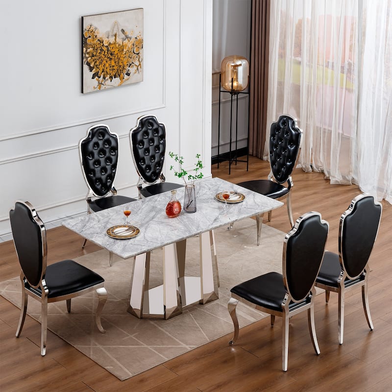 GDFStudio - Rose Series 70'' Rectangle Faux Marble Dining Table 6 People with Modern Large Size