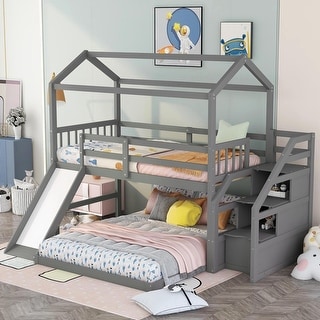 Twin Over Full House Bunk Bed with Convertible Slide and Storage Staircase