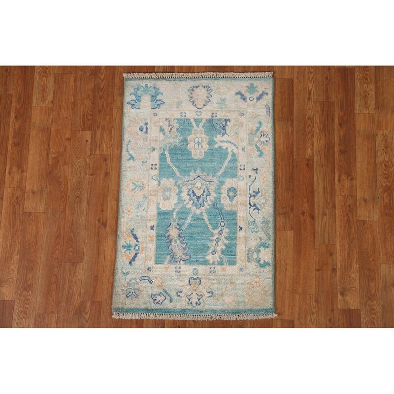 Hand Knotted Oriental 100% Wool Carpet Transitional Floral Green Oushak Area Rug - 3' 2'' X 2' 0''