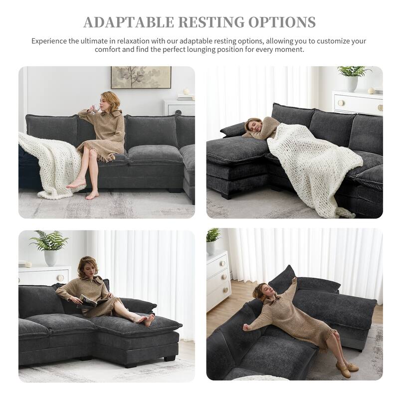 [VIDEO provided][New]118*55" Modern L-shaped Chenille Cloud Sofa with Double Seat Cushions,5-seat Upholstered Indoor Furniture,S