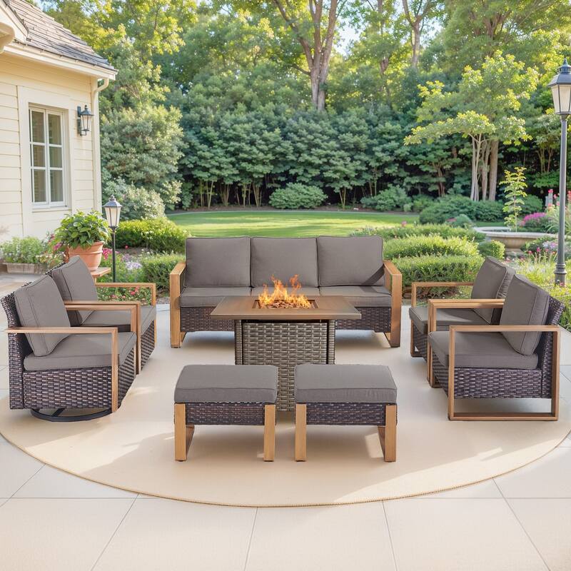 Pocassy 4/6/8PCS Sofa Swivel Chair with Fire Pit Table Set - Brown Wicker Gray Cushion - 8-Piece Sofa Chair with Fire Table