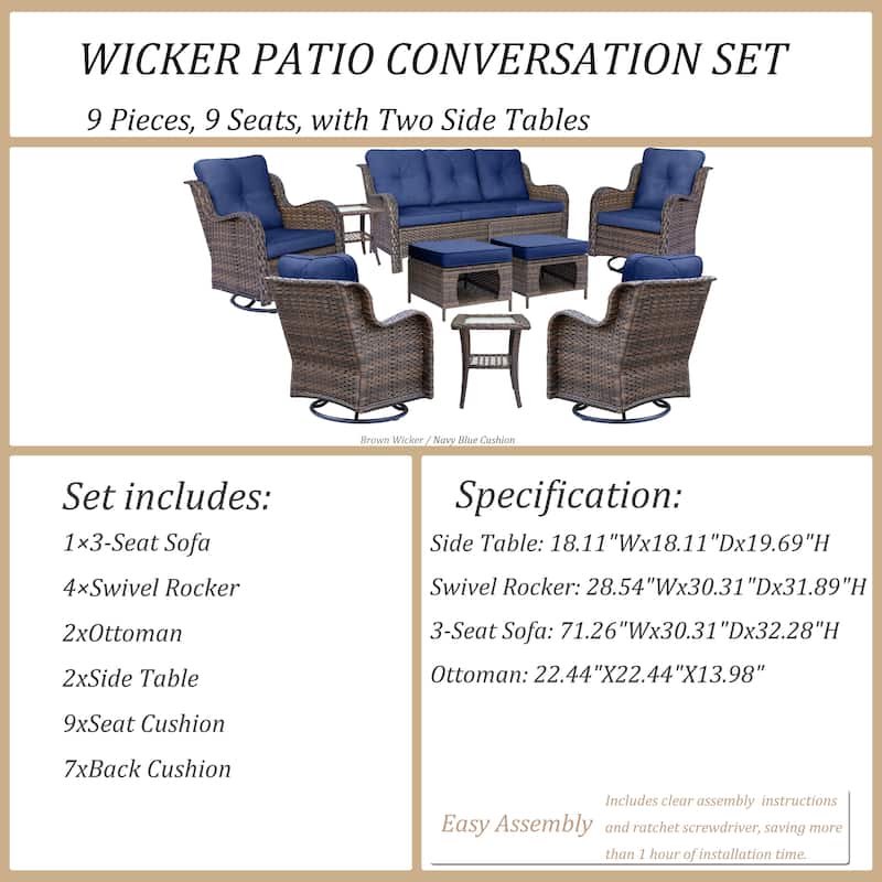 9-piece Wicker Outdoor Patio Furniture Sets with Swivel Rocker Chairs