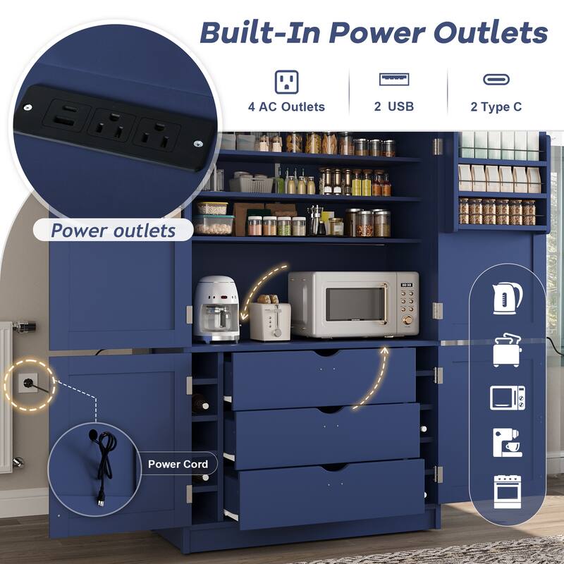 80.1'' Tall Kitchen Pantry Cabinet, Shaker Storage Cupboard w/ Power Outlets, Drawers, Wine Rack, Adjustable Shelves