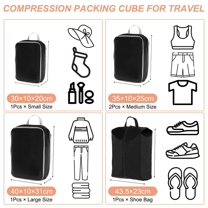 5Set Compression Packing Cube for Travel Waterproof Luggage Organizer - Black