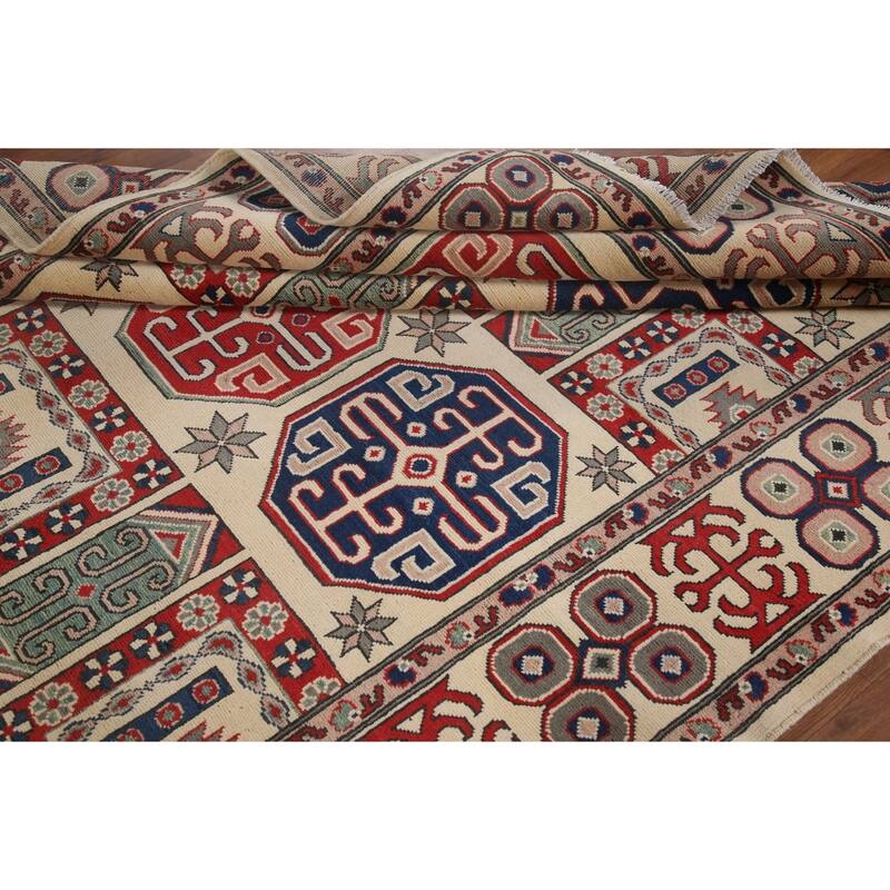 Hand Knotted Oriental 100% Wool Carpet Traditional All-Over Beige & Ivories Kazak Area Rug - 9' 7'' X 6' 6''