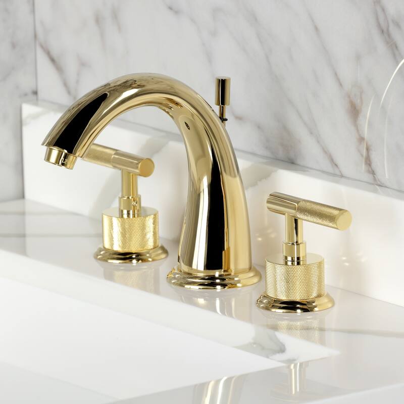 Kingston Brass Convergent Two-Handle 3-Hole Deck Mount Widespread Bathroom Faucet with Knurled Handle and Brass Pop-Up Drain