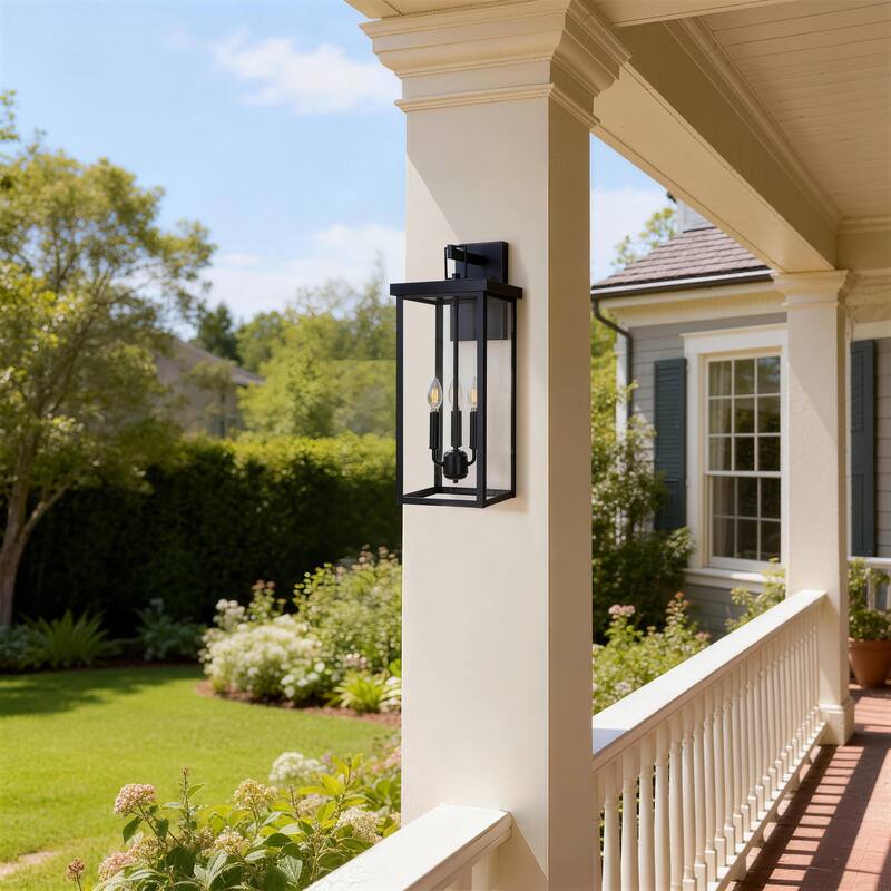 3-light Metal Outdoor Wall Sconce Candle Bulb Lantern - Black - Medium