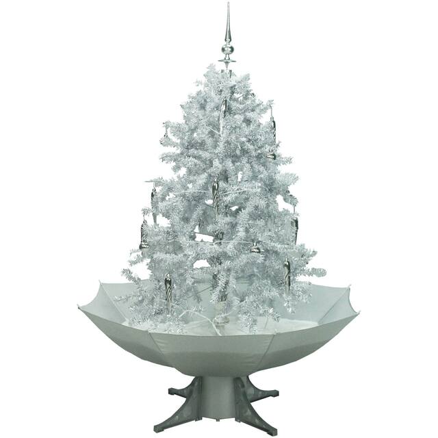Christmas Time 47-In. Musical Snowy Indoor Holiday Decor, Silvery White Christmas Tree with Umbrella Base