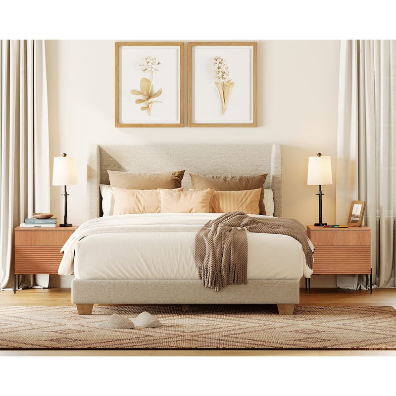 WAMPAT Fluted Nightstand with Charging Station,Modern Side Table with 2 Drawers