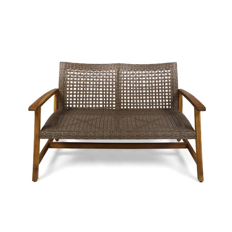Bops Outdoor Loveseat, Natural Brown Acacia Wood, 52 Inch, Gray Wicker