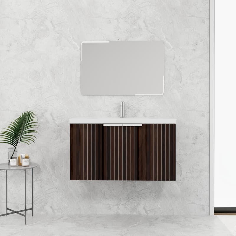 BNK 24"/30"/36" Single Sink Bathroom Vanity with Soft Close Door, Modern Floating Vanity - 35.4''W×18.1''D×20.5''H - Silver-Black Stripe