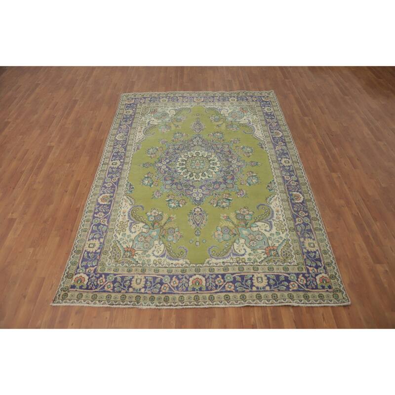 Hand Knotted Oriental 100% Wool Carpet Traditional Floral Green Tabriz Area Rug - 9' 5'' X 6' 5''